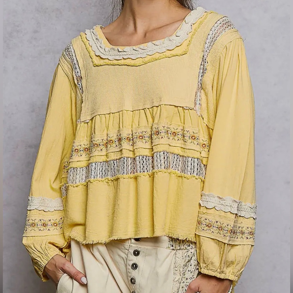 NEW: “The Cary” Embroidery Lace Contrast Square Neck Yellow Blouse